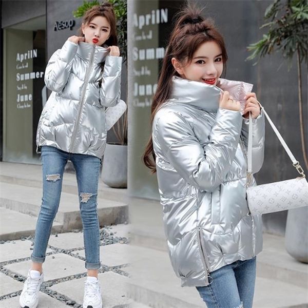 

2020 new winter women down cotton coats plus size warm outerwear thick fashion stand collar glossy short jacket female parka q1217, Black