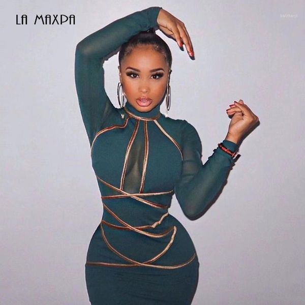 

2019 autumn new green red long mesh sleeve bodycon rayon bandage dress fashion celebrity party dress1, Black;gray