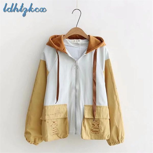

casual hooded coat women cat embroidery loose jackets 2020 autumn winter new long sleeve zipper jackets clothing feminino ld5311, Black;brown