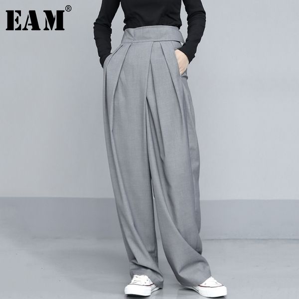 

[eam] high waist pleated gray brief long wide leg trousers new loose fit pants women fashion tide spring autumn 1t735 201106, Black;white