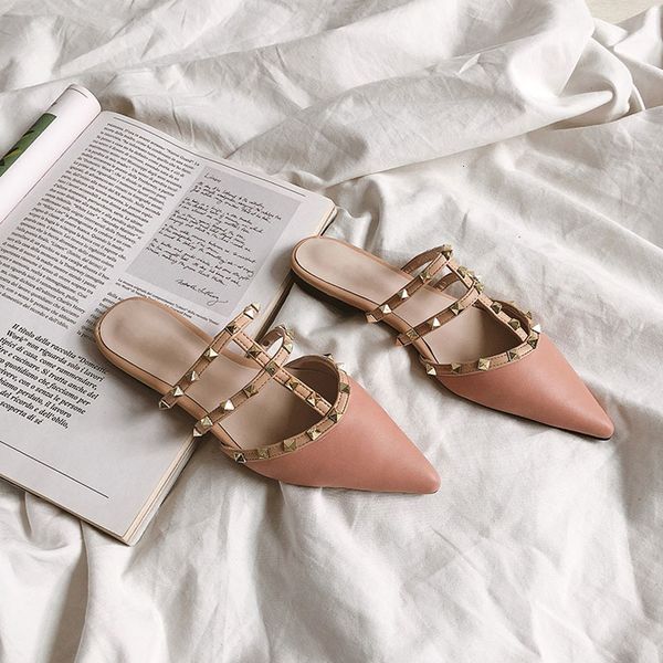 

2021 new pumps with riveting slippers, women's outer garments, low shoes, riveting, lazy, for summer 's half of slippers ozl6, Black