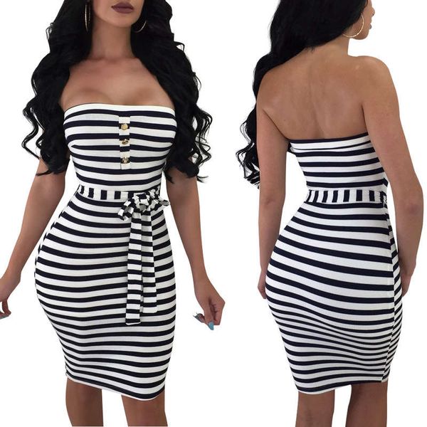 

bb0081d8149 station one line collar black and white stripe dress with belt, Black;gray