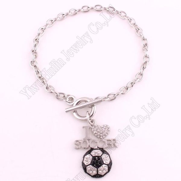 

charm bracelets sports jewelry drop 0.95"*1.3" inches crystal i love soccer 2d pendant toggle bracelet fans favorite, Golden;silver
