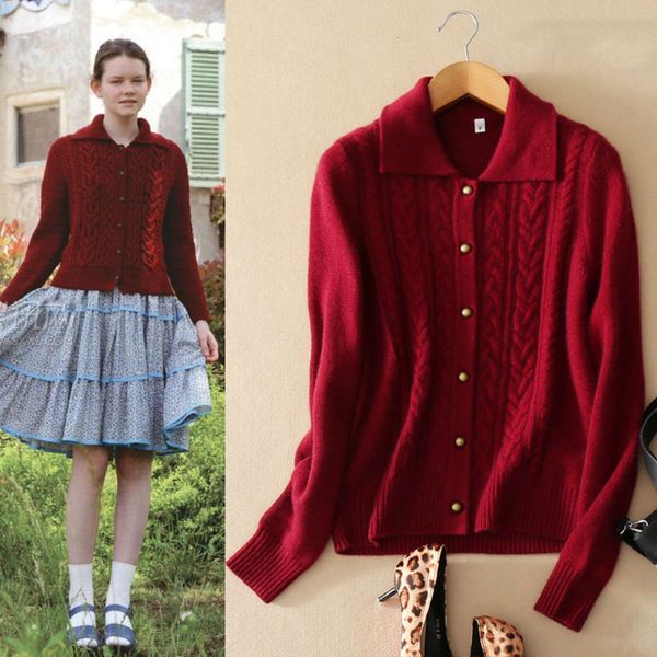 

new lapel copper button twisted rope long sleeve cardigan pure cashmere sweater casual coat for women, White;black