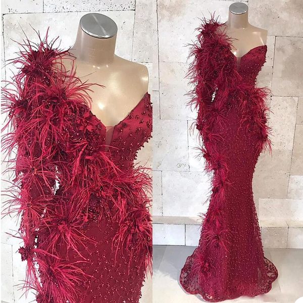 

floral evening dresses with fur one shoulder mermaid floor length custom made formal gowns party wear, Black;red