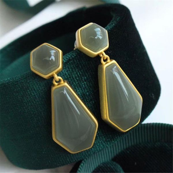 

new silver inlaid natural hetian chalcedony earrings chinese classical style geometric shape elegant charm women's jewelry
