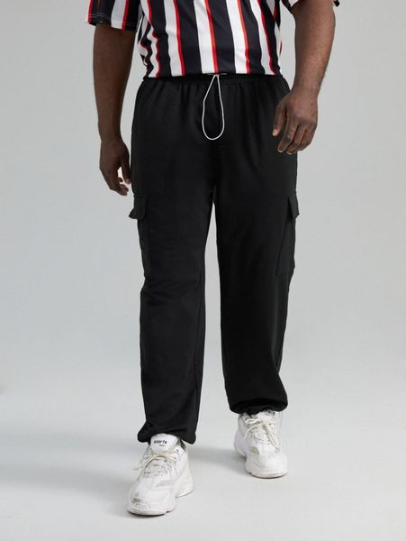 

extended sizes men drawstring waist pocket side sweatpants 66d0#, Black