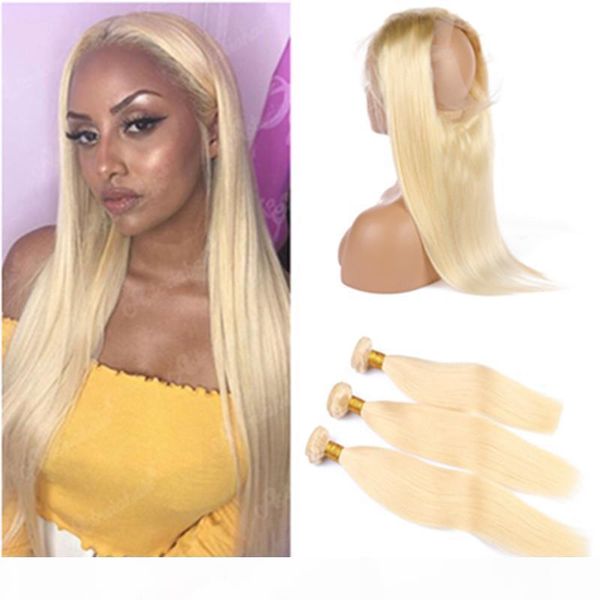 

russian blonde human hair 3bundles and 360 frontal #613 bleach blonde straight virgin hair weaves with 360 full lace closure 22.5x4x2, Black;brown