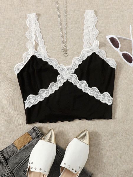 

contrast lace panel lettuce edge cami b1re#, White