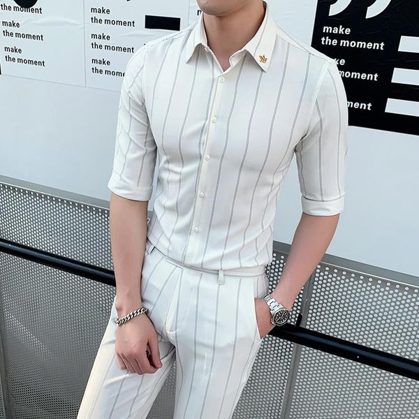 

handsome 2021 trend cropped pant 2 piece set costume business suit striped short sleeve shirt men suit business tuxedos slim fit, White;black