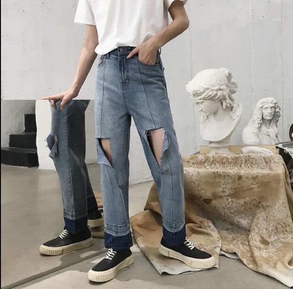 

2020 personality holes denim pants trouser leg clash of loose straight tube. -xxl baggy casual jeans.1, Blue