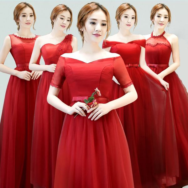 

wine red bridesmaid dresses long boat neck short sleeves elegant prom party gown mixed styles bridesmaid dresses under $50, White;pink