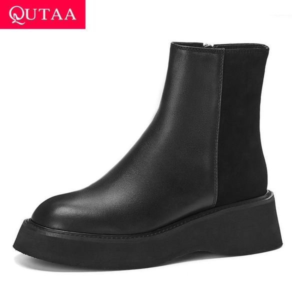 

boots qutaa 2021 wedges casual round toe women shoes autumn winter cow leather suede fashion platform zipper ankle size34-391, Black