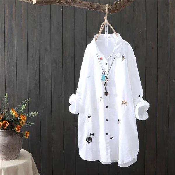 

100% cotton spring autumn women white shirt plus size long sleeve loose casual long blouse womens animal embroidery shirts d200