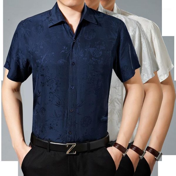 

summer men's natural silk shirt short sleeved casual ironing jacquard silk half sleeved men's shirt thin section1, White;black