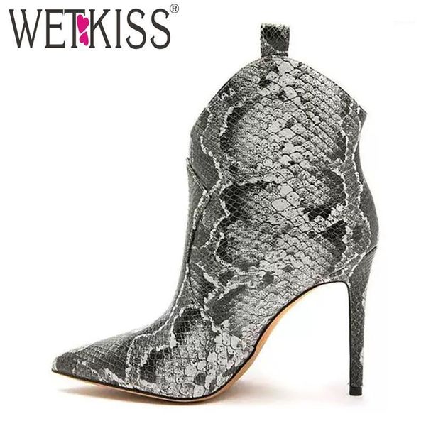 

boots wetkiss snakeskin ankle western thin high heel booties women pointed toe female slip on stiletto snake print shoes1, Black