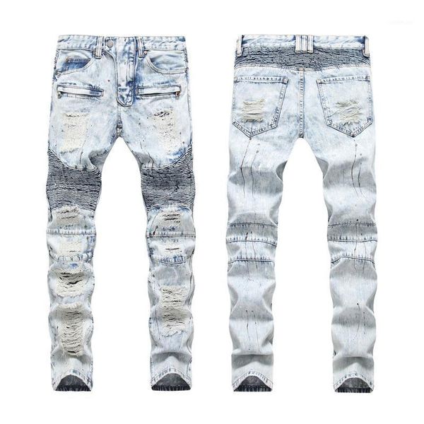 

fashion streetwear men jeans retro light blue slim fit destroyed hip hop jeans men ripped punk pants designer biker homme1