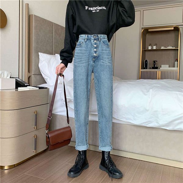 

spring and autumn 2020 new loose slim high waisted straight tube jeans for women, Blue