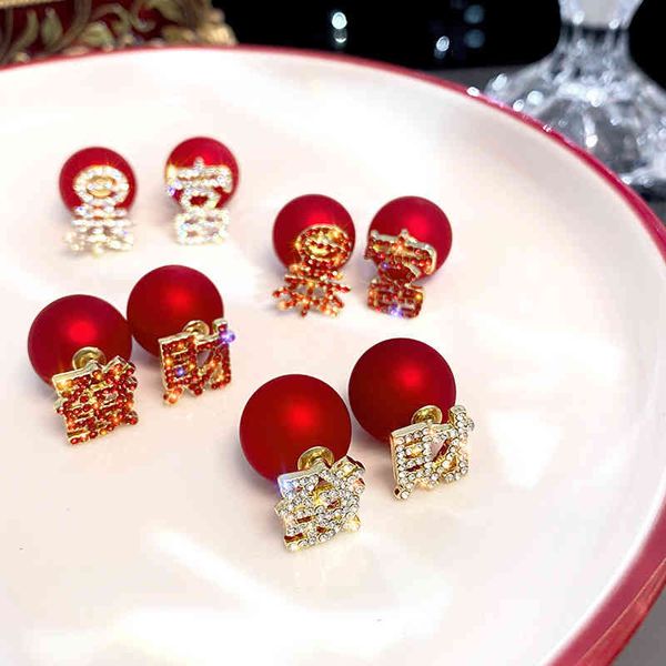 

charms earrings fortune 925 silver needle pearl inlaid with diamond rich red temperament advanced sense year's year tide, Golden