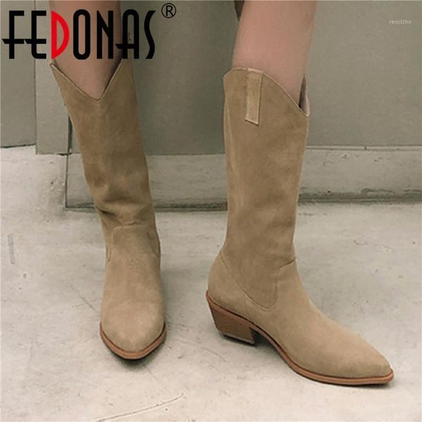 

boots fedonas suede leather knee high for women wide leg concise thick hels shoes woman heels 2021 fall winter party long shoes1, Black