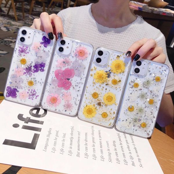 

fashion real dried pressed flower foil soft tpu case for iphone 12 pro max mini 11 xr xs x 8 plus sunflower confetti sequin gel clear cover