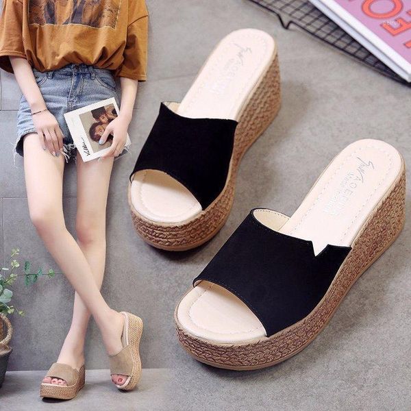 

slippers outside female summer 2021 leather beach platform water wedge heel cotton fabric heels rubber brief toe slides1, Black