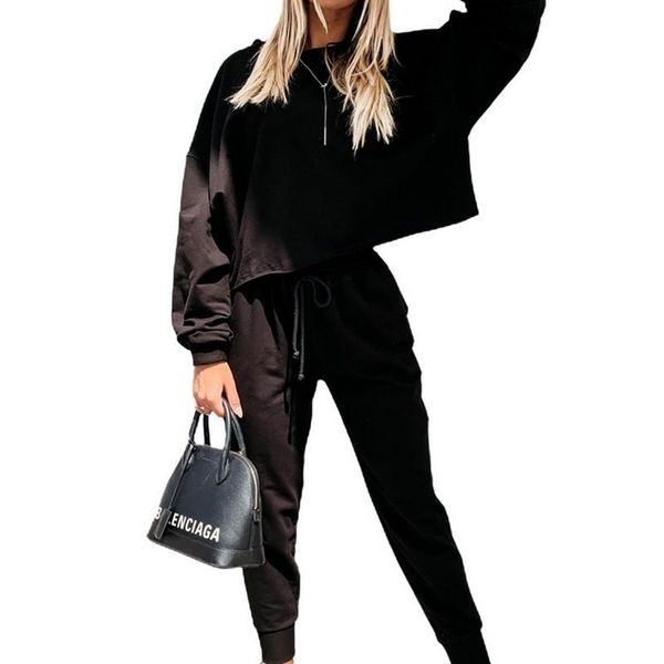 

women's tracksuits womens casual 2-piece outfit set fashion long sleeve round neck and elastic trousers solid color 2pcs autumn, Gray