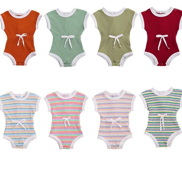 

newborn baby clothing summer waist bodysuits solid/rainbow striped print sleeveless jumpsuits baby boy girl ribbed outfits 0-24m1, Blue