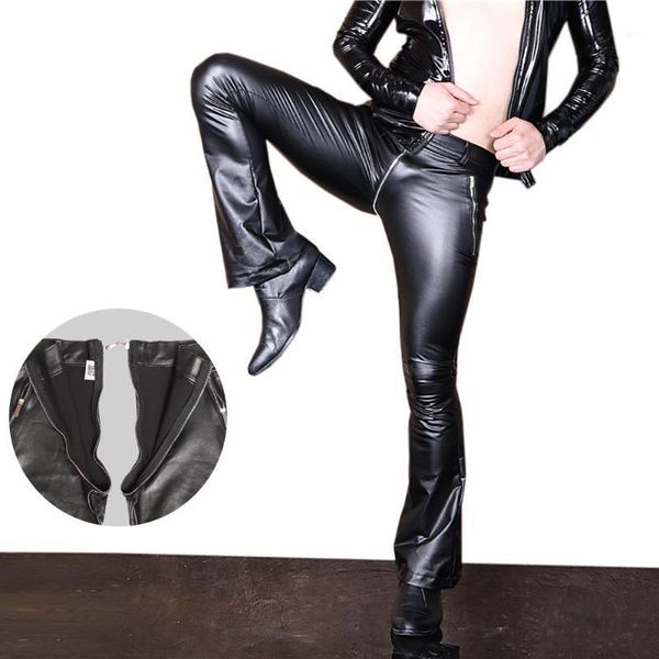 

men faux leather flared pants slim stretchy motorcycle trousers low waist zip crotch stylish1, Black