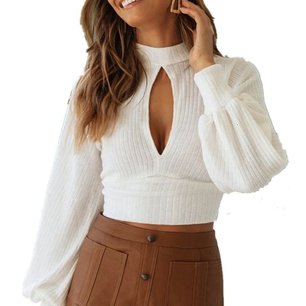 

2021 new high-neck backless lantern long sleeve crop women blouse club party ladies shirt female knitting blusas i35i, White