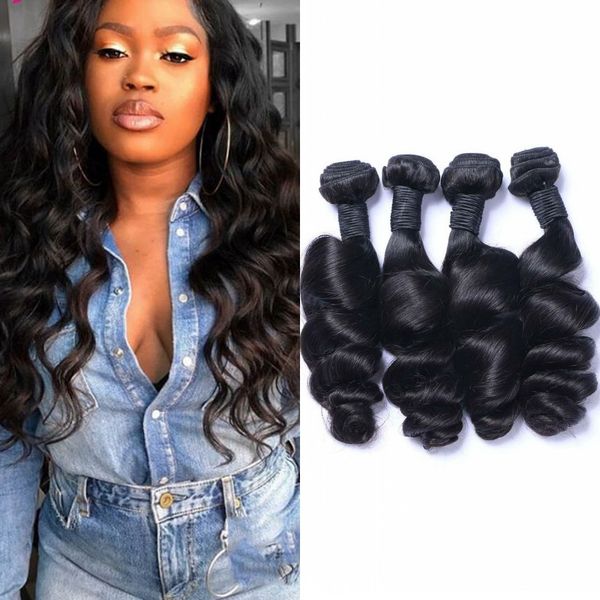

peruvian loose wave hair weave bundles unprocessed human hair weave 4 piece 8-26 inch non remy hair extensions, Black