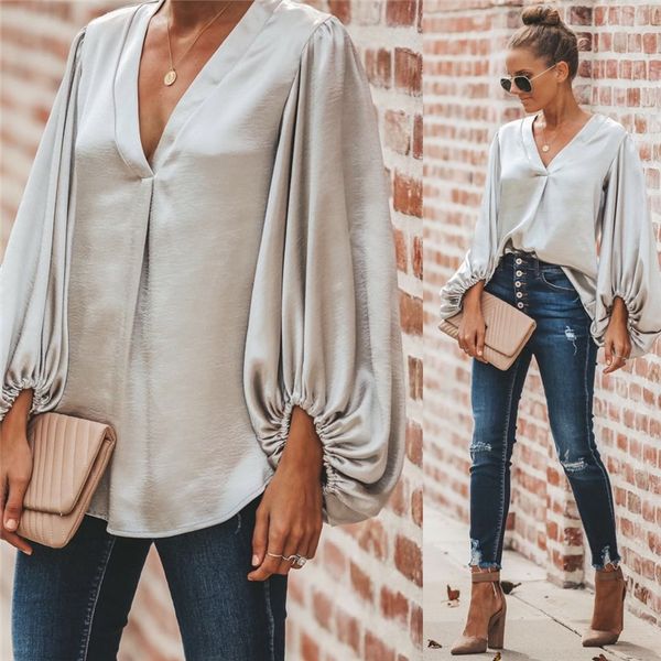 

3 color 2021 new women casual blouses office lady shirts v-neck low cut lantern sleeve loose elegant smooth silk and s-xl, White