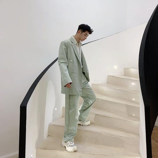 

shengyujin spring new streamer design in the long loose suit suit tide men's straight trousers two-piece1, Gray