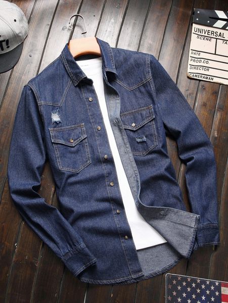 

men ripped flap pocket denim shirt f2ad#, Blue