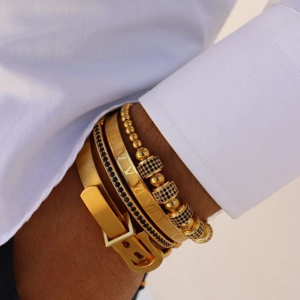 

men bracelets 4pcs/set number titanium steel roman gold crown charms macrame beads bangle bracelet braiding, Golden;silver