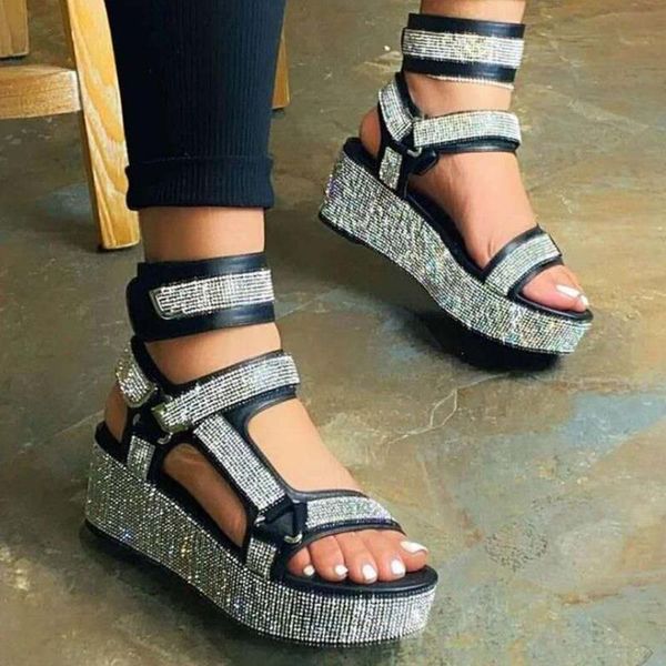 

doratasia fashion laides rhinestone buckle open toe sandals platform hook loop women sandals wedges bling summer shoes woman, Black