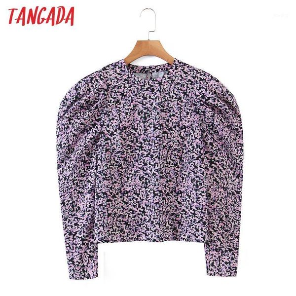 

tangada women retro purple flowers print crop shirt puff long sleeve spring chic female slim shirt sl2061, White