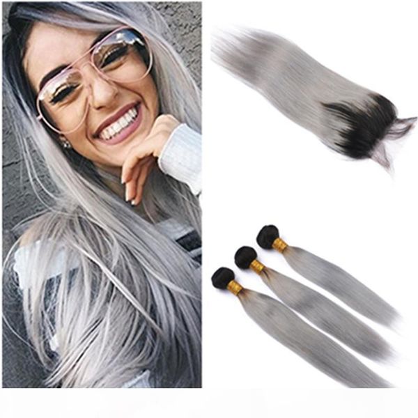 

#1b grey ombre virgin hair weft silky straight weave bundles with closure silver gray ombre brazilian human hair weft with 4x4 lace closure, Black
