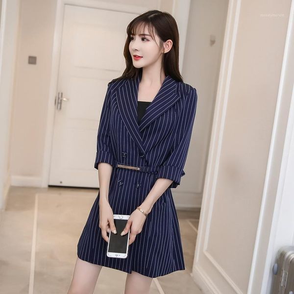 

casual dresses office lady vogue bodycon striped blazer dress women summer spring sashes double breasted business work wear elegant dresses1, Black;gray