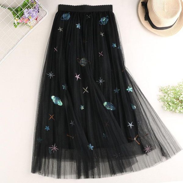 

female skirts women high waist mesh gauze embroidered star skirt1, Black