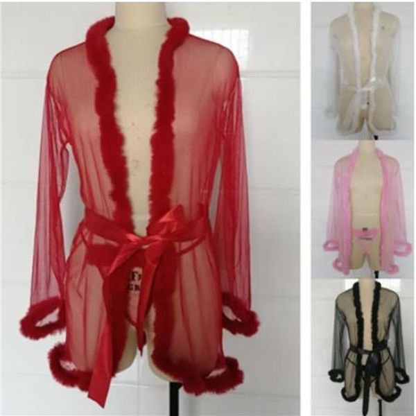 

3pcs women lingerie babydoll long sleeve feather robes and g-string with belt ladies underwear nightwear exotic sets, Black;white