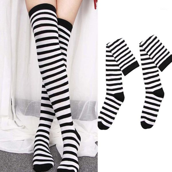 

black white striped long stocking women warm cotton over the knee socks thigh high stockings autumn winter new 1 pair1