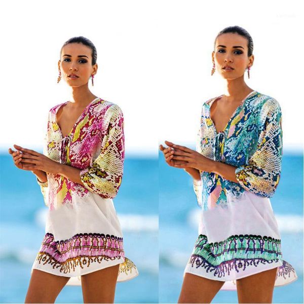 

cover-ups snake printed swimsuit cover ups women beach dress loose chiffon tunics plus size summer holiday travel dress1