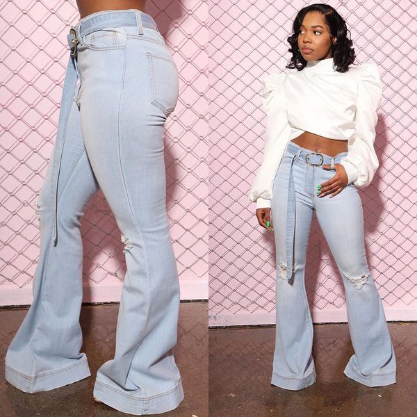 

women ripped jeans slim mom flare pants belt torn denim trousers wide leg trendy female bell bottom plus size palazzo streetwear y1214, Blue
