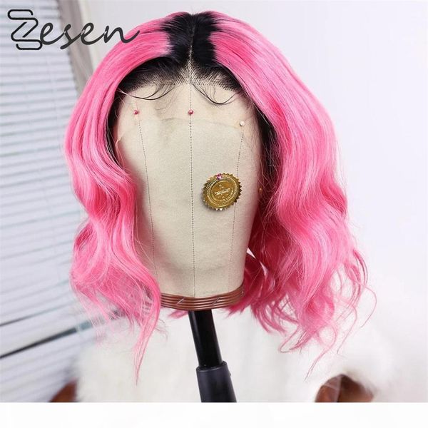 

zesen lace front wig ombre dark roots rose pink loose wave gluless synthetic wigs heat resistant for black women