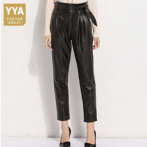 

office lady genuine leather trousers luxury high waist sashes sheepskin harem pants women streetwear loose pencil pants -2xl1, Black;white