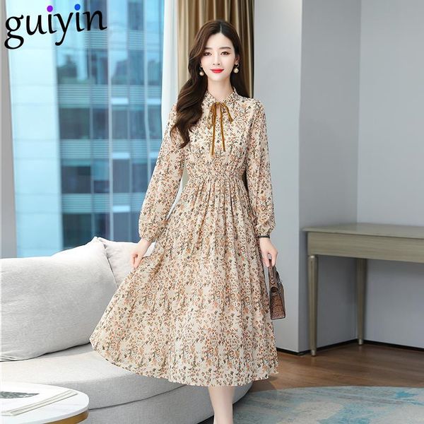 

casual dresses elegant bow o-neck floral chiffon for women korean version long sleeve party dress plus size slim vintage, Black;gray