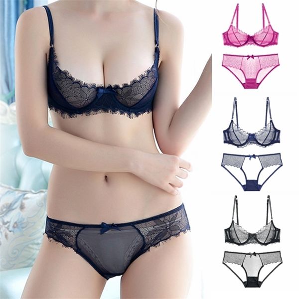 

fashion panties lace bra set underwear women embroidery bras set plus size lingerie c d cup ultrathin transparent bra pink lj201211, Red;black