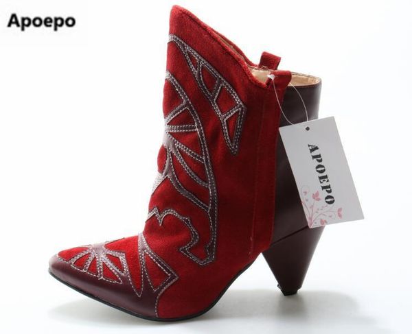 

boots est red leather cone heel ankle pointed toe mixed color winter short women low dress shoes real po, Black