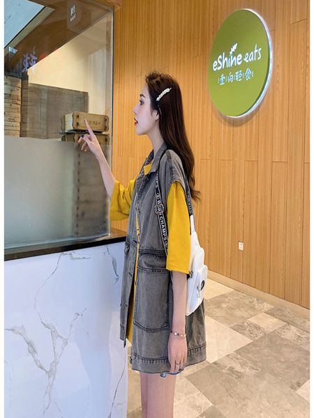 

2021 new work done with tools denim vest cotton jacket woven pocket seamless solid turn-down collar unique breasted korean autumn mf29, Black;brown